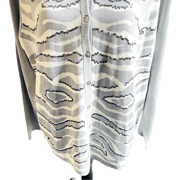 Diane Gilman Silk Cotton Sequin Cardigan Sweater Gray White Zebra Print Size L - Picture 6 of 12